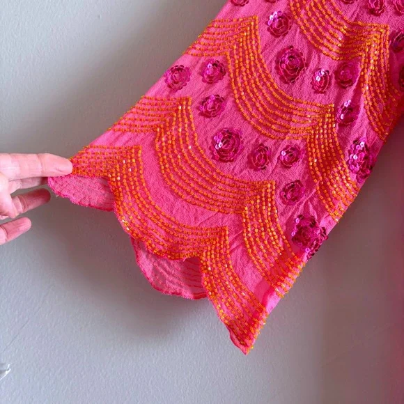 Antik Batik Pink Orange Beaded Silk Blouse 3/4 Sleeve Scalloped Hem Top Medium - Picture 6 of 13